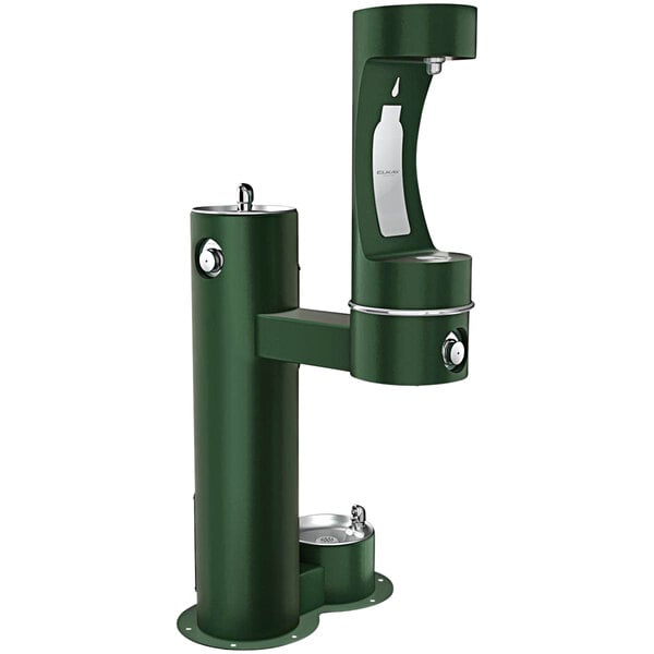 An Evergreen Elkay bi-level pedestal drinking fountain with two fountains.