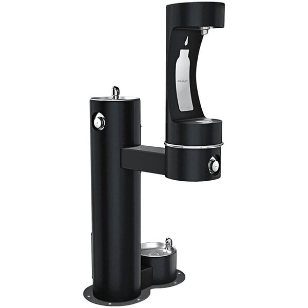 An Elkay black bi-level pedestal bottle filling station with a black pedestal drinking fountain and pet station.