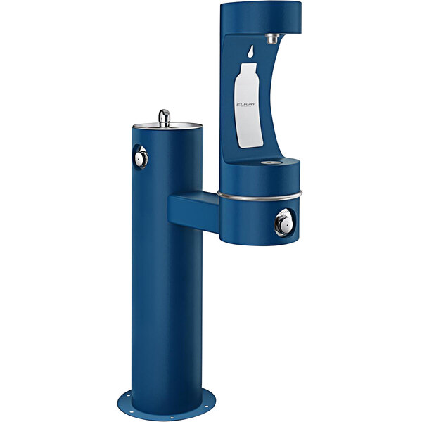 An Elkay blue outdoor bi-level water fountain with a white label.