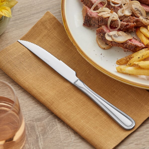 A plate of steak and fries with a Acopa stainless steel steak knife on a napkin.