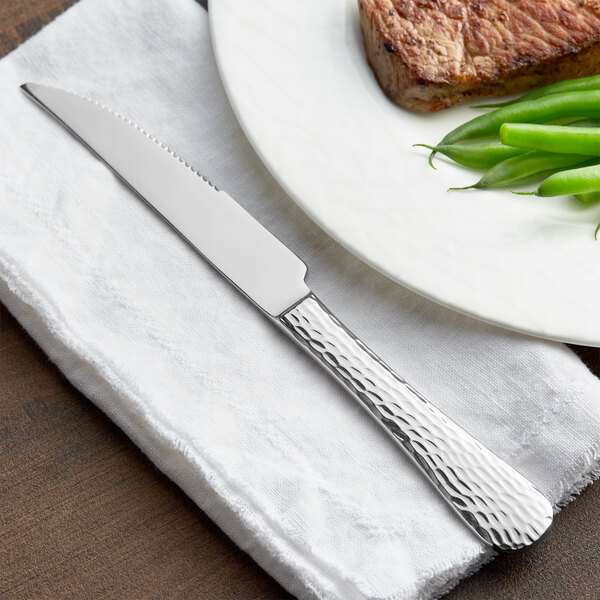 A plate of food with an Acopa stainless steel steak knife on it.