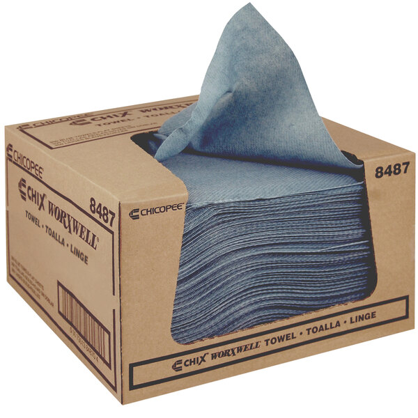 A case of blue Chicopee Durawipe shop towels.