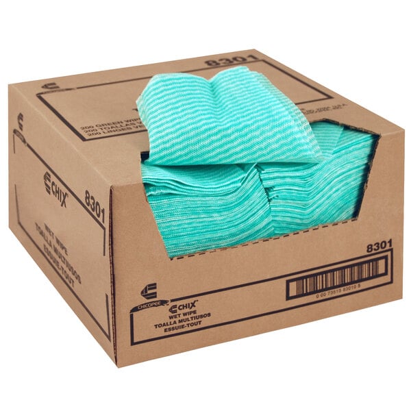 A case of green Chicopee foodservice wet wipes on a cardboard box.