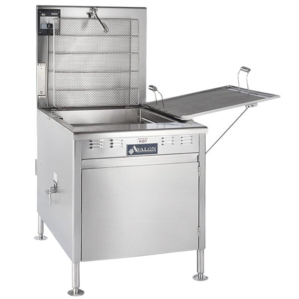 An Avalon Manufacturing stainless steel natural gas donut fryer with a door open.