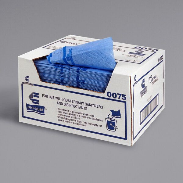 A box of Chicopee blue heavy-duty foodservice towels.
