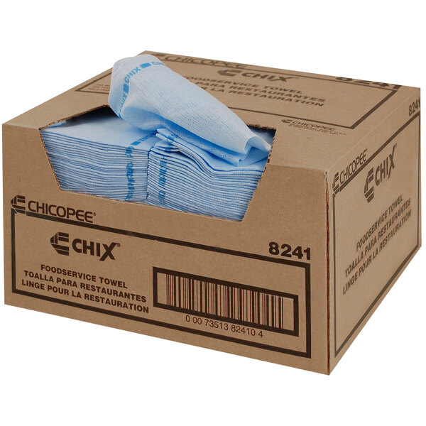 A box of blue Chicopee medium-duty foodservice towels.