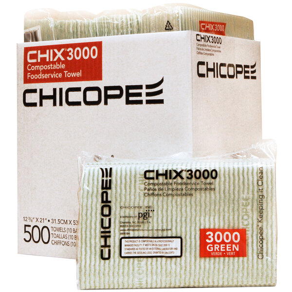 A green and white box of Chicopee Chix compostable foodservice towels.