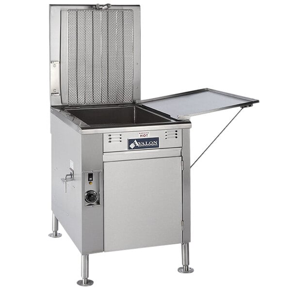 An Avalon Manufacturing stainless steel electric flat bottom donut fryer with a lid open.