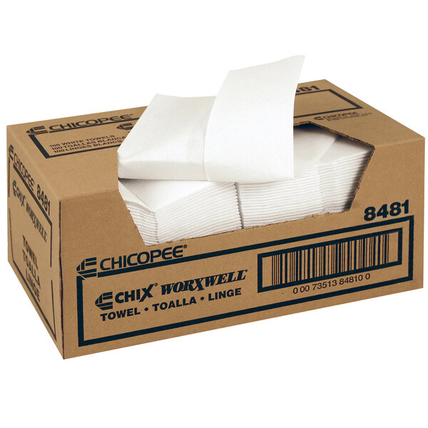 A cardboard box of white Chicopee Durawipe shop towels.