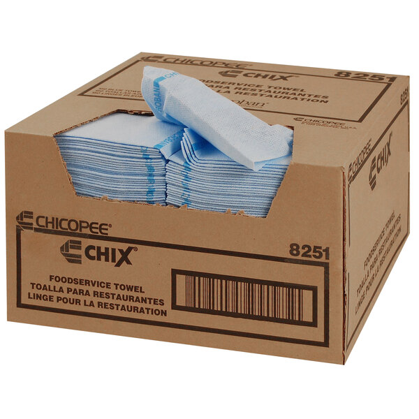 A box of blue Chicopee foodservice towels with a label on it.
