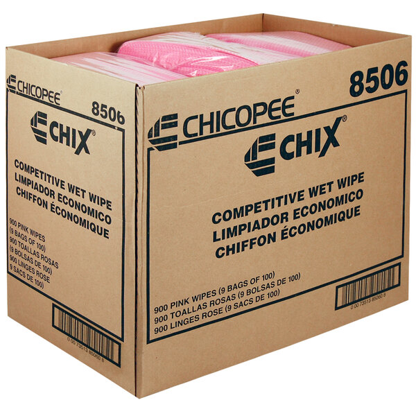A box of pink Chix foodservice wet wipes with pink plastic wrap.