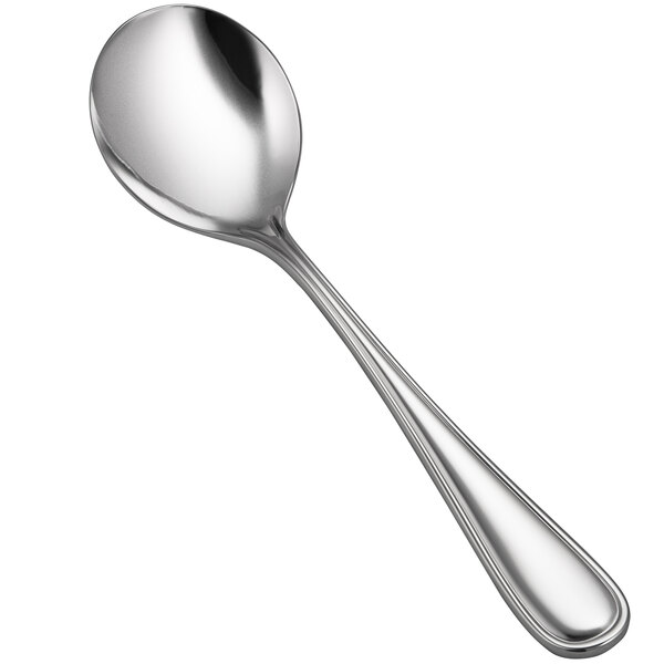 A Bon Chef Ravello bouillon spoon with a silver handle and bowl.