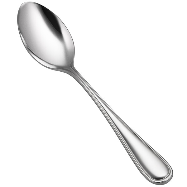 A Bon Chef Ravello stainless steel oval soup/dessert spoon with a silver handle and spoon.
