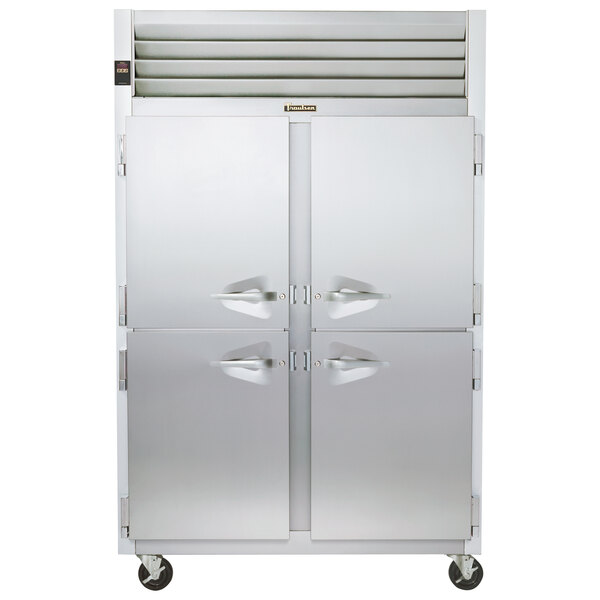 A stainless steel Traulsen hot food holding cabinet with two half doors.