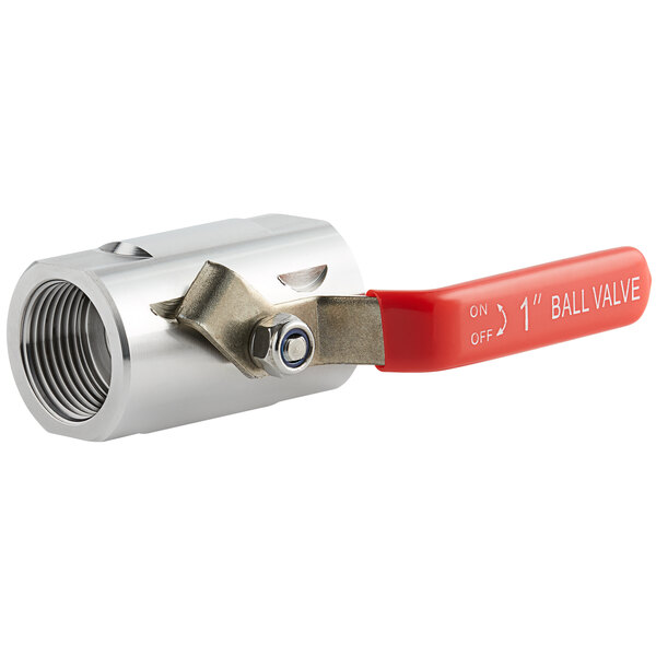 An Avantco stainless steel drain valve with a red handle.