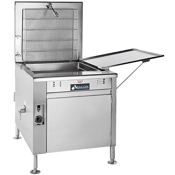An Avalon Manufacturing stainless steel liquid propane donut fryer on a counter.