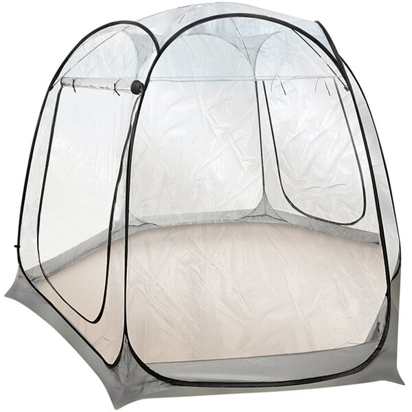 An Eastern Tabletop clear portable pop-up canopy with black trim.