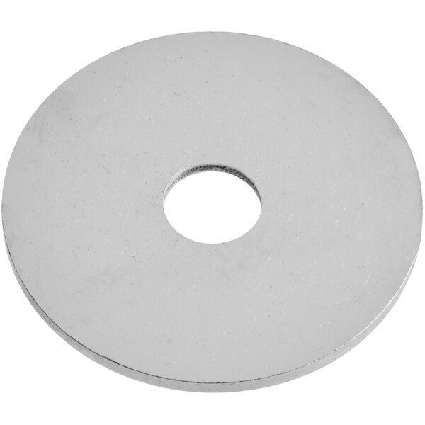 A silver metal disc with a hole in the center on a white background.