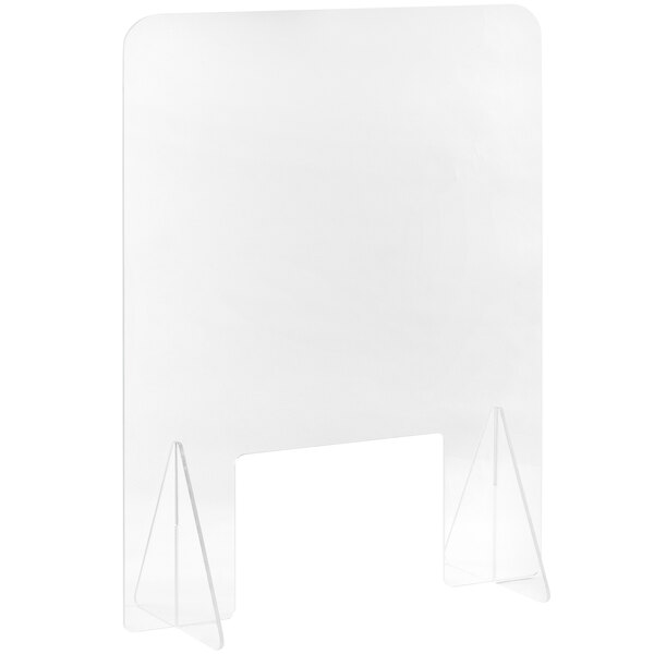 A clear plastic Tablecraft countertop safety shield with two metal legs.