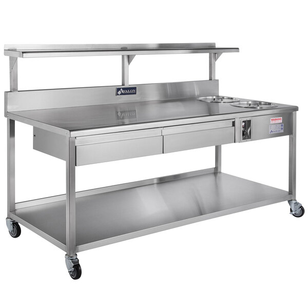 Avalon Manufacturing AFT-84-4-2 84" Stainless Steel 2-Drawer (4) 8 Qt. Icing Bowl Donut / Bakery Finishing Table - 120V, 1500W