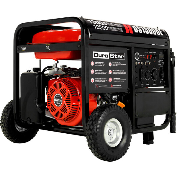 A close-up of a DuroStar portable generator with a red engine and wheel kit.