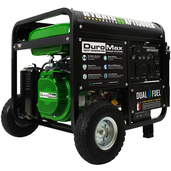 A DuroMax dual fuel portable generator with wheels.
