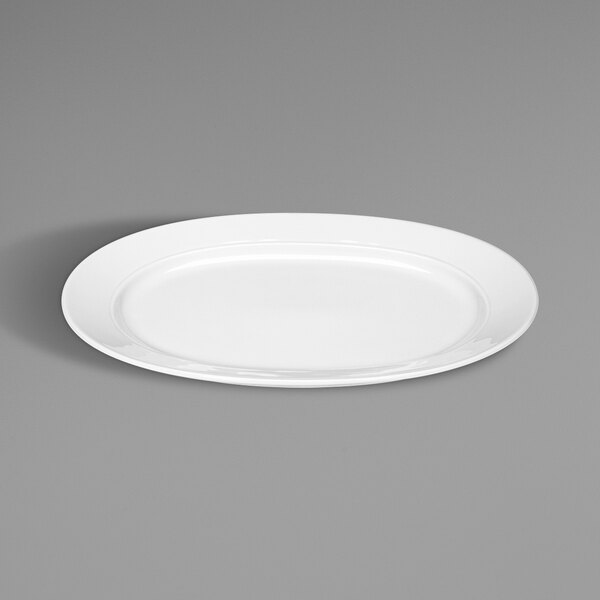 A Bauscher bright white oval porcelain platter on a white background.
