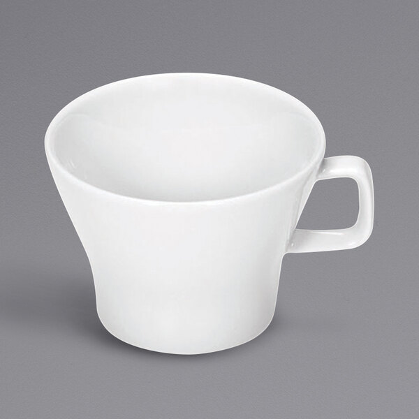 A Bauscher bright white low cup with a handle.