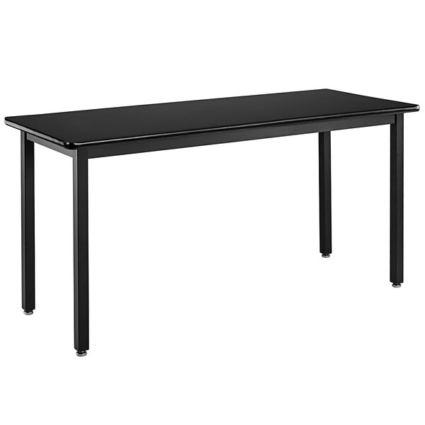 A black rectangular National Public Seating science lab table with black steel legs and a black high-pressure laminate top.