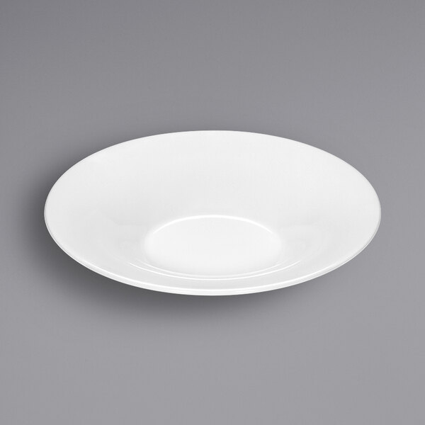 A Bauscher bright white porcelain plate with a circular shape and wide rim.