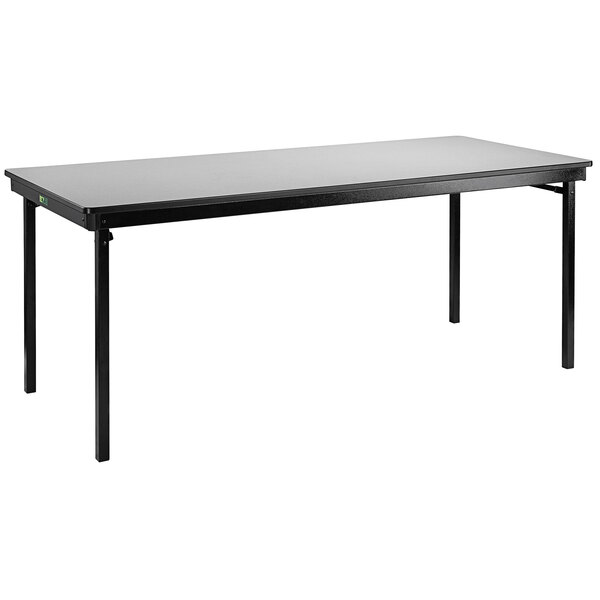A rectangular National Public Seating gray plywood folding table with black legs.