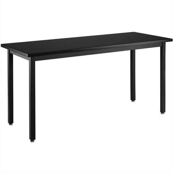 A black rectangular National Public Seating science lab table with black legs.