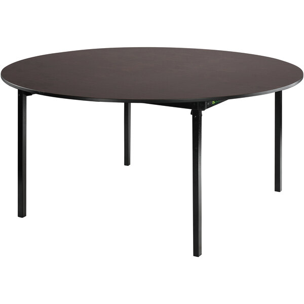 A National Public Seating round table with a gray top and black T-mold edge on a black base.