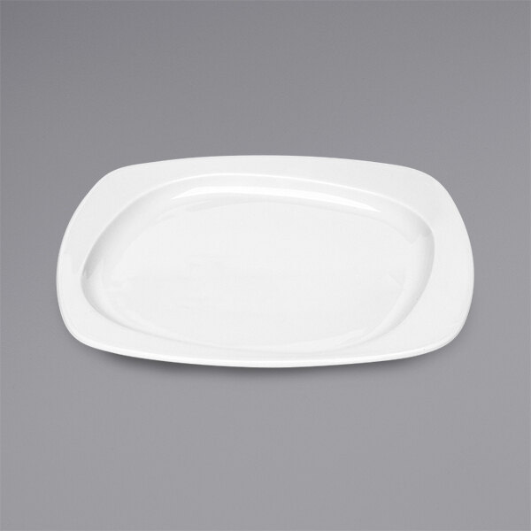 A Bauscher bright white square porcelain plate with a wide rim.