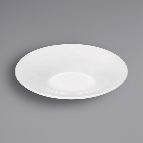 A Bauscher white porcelain deep plate with a wide rim on a white background.