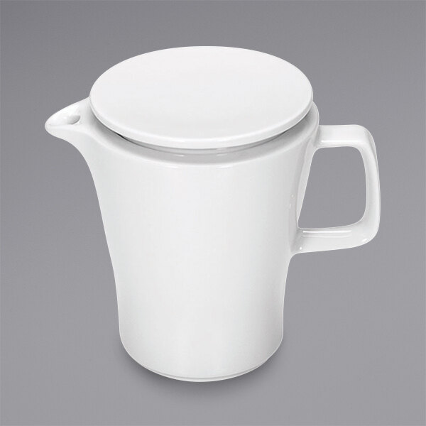 A white coffee pot with a lid.