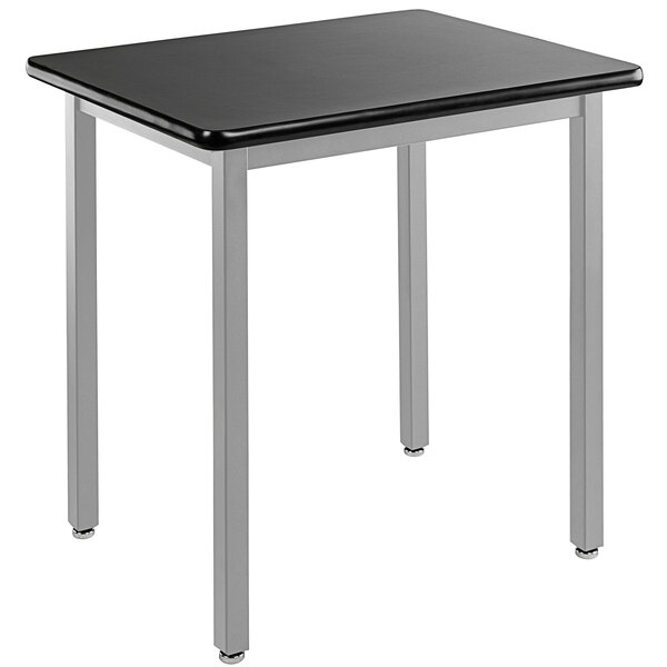 A gray steel National Public Seating science lab table with a black high-pressure laminate top.