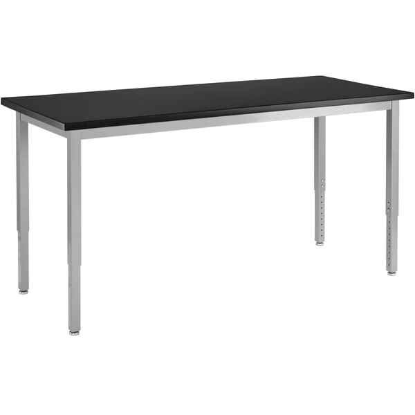 A black National Public Seating science lab table with silver legs.