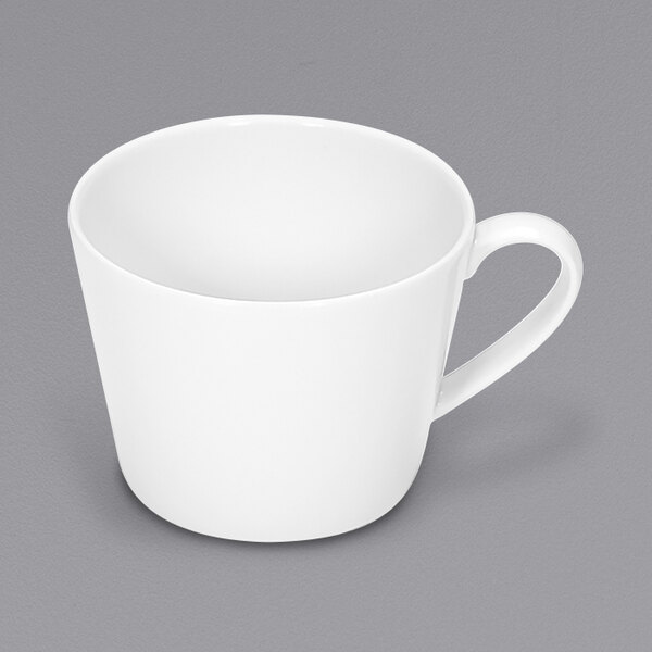 A Bauscher bright white low mug with a handle.