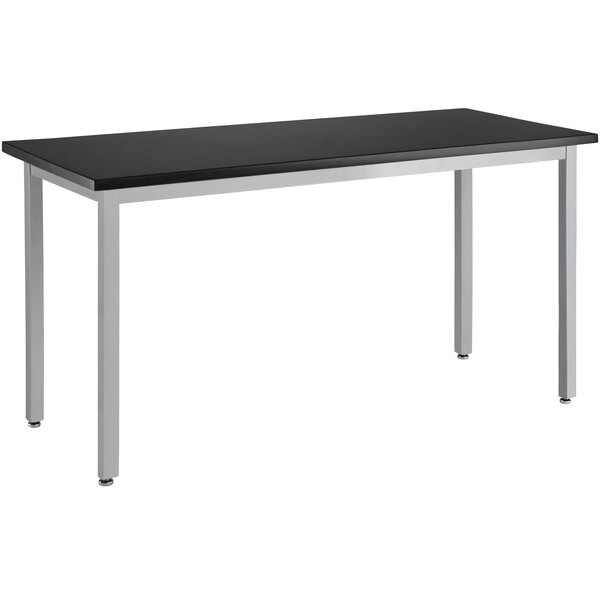 A gray steel National Public Seating science lab table with a white top.