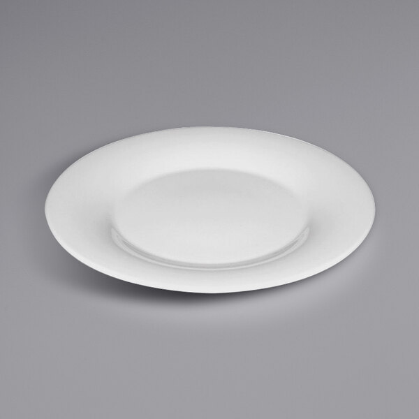 A white Bauscher porcelain plate with a wide rim.