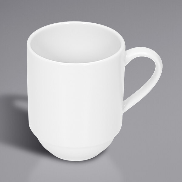 A white mug with a handle.