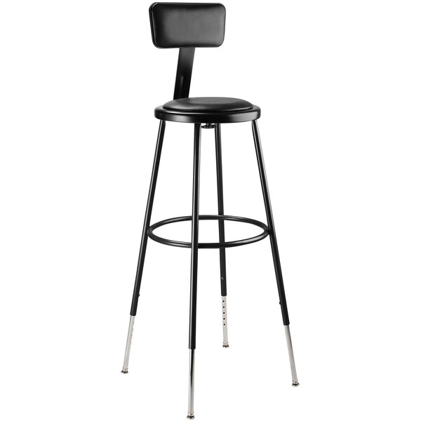 A black National Public Seating lab stool with a padded seat and backrest.