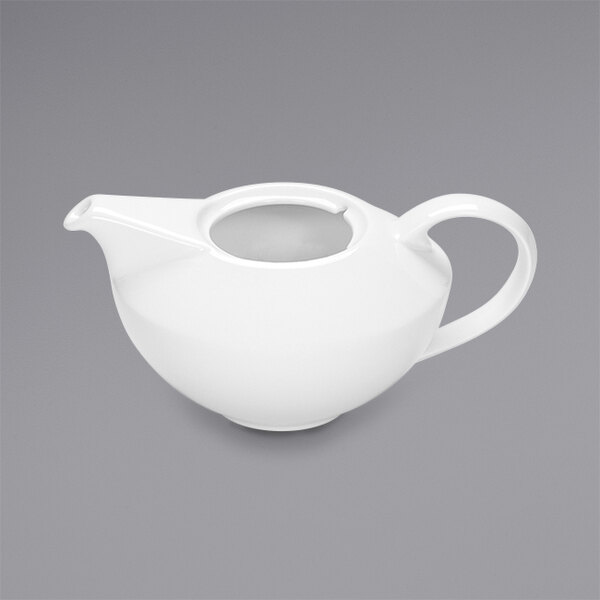 A close-up of a Bauscher bright white porcelain teapot with a lid and a handle.