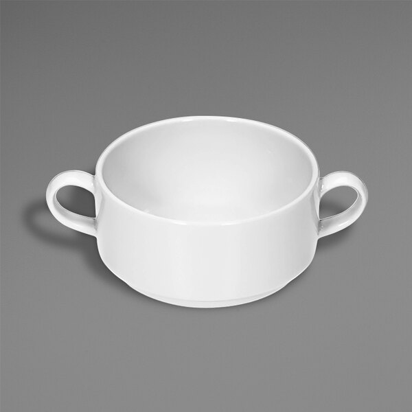 A Bauscher bright white porcelain bowl with two handles.