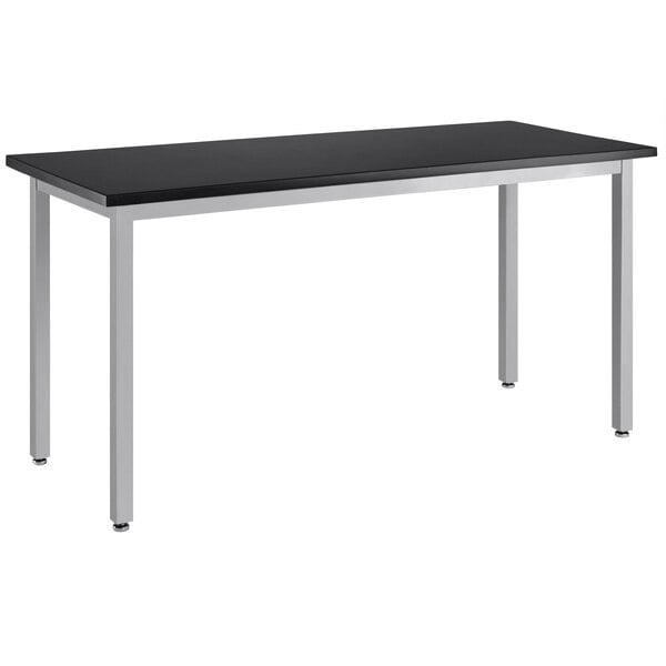 A gray steel National Public Seating science lab table with a metal frame.