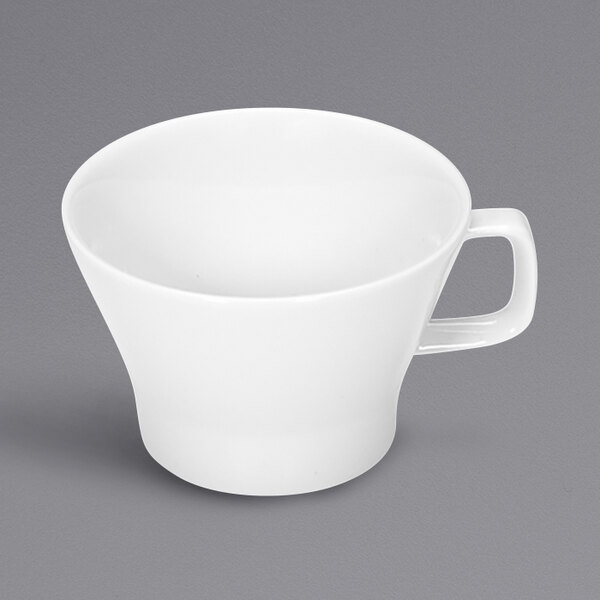 A Bauscher bright white low cup with a handle.