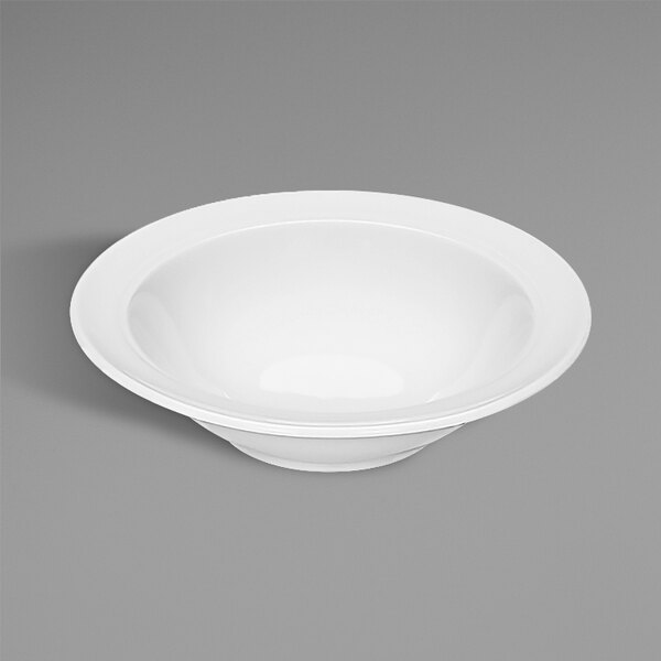 A Bauscher bright white porcelain bowl with a white rim.