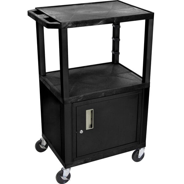 Luxor WT2642C2E Black Tuffy Two Shelf Adjustable Height A/V Cart with Locking Cabinet - 18" x 24"