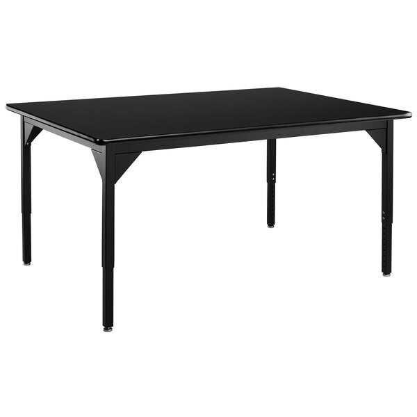 A black rectangular National Public Seating lab table with black legs.